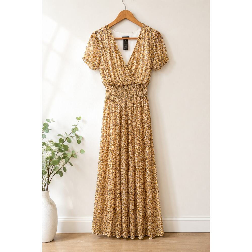 Floral Boho Maxi Dress Women's Yellow  Smocked Waist Cottagecore Dress Size 6 - Picture 2 of 5